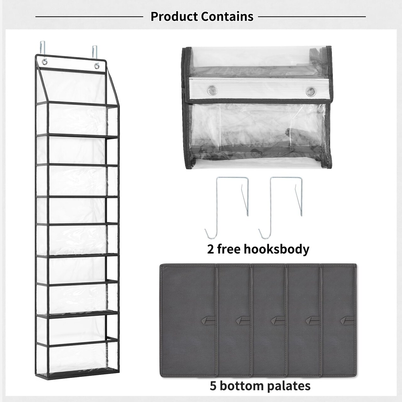 The Door Hanging Pantry Organizer 5-Shelf Room Organizer with Clear Plastic Pockets Behind The Door Storage Organizer Large Capacity Organizer for Closet Bedroom Bathroom (Grey)